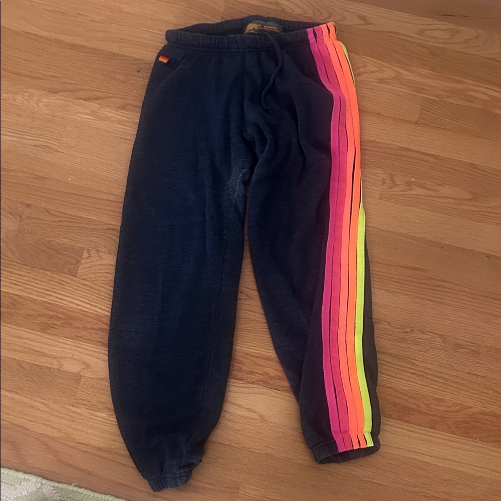 Aviator Nation Black Joggers with Rainbow Stripes
